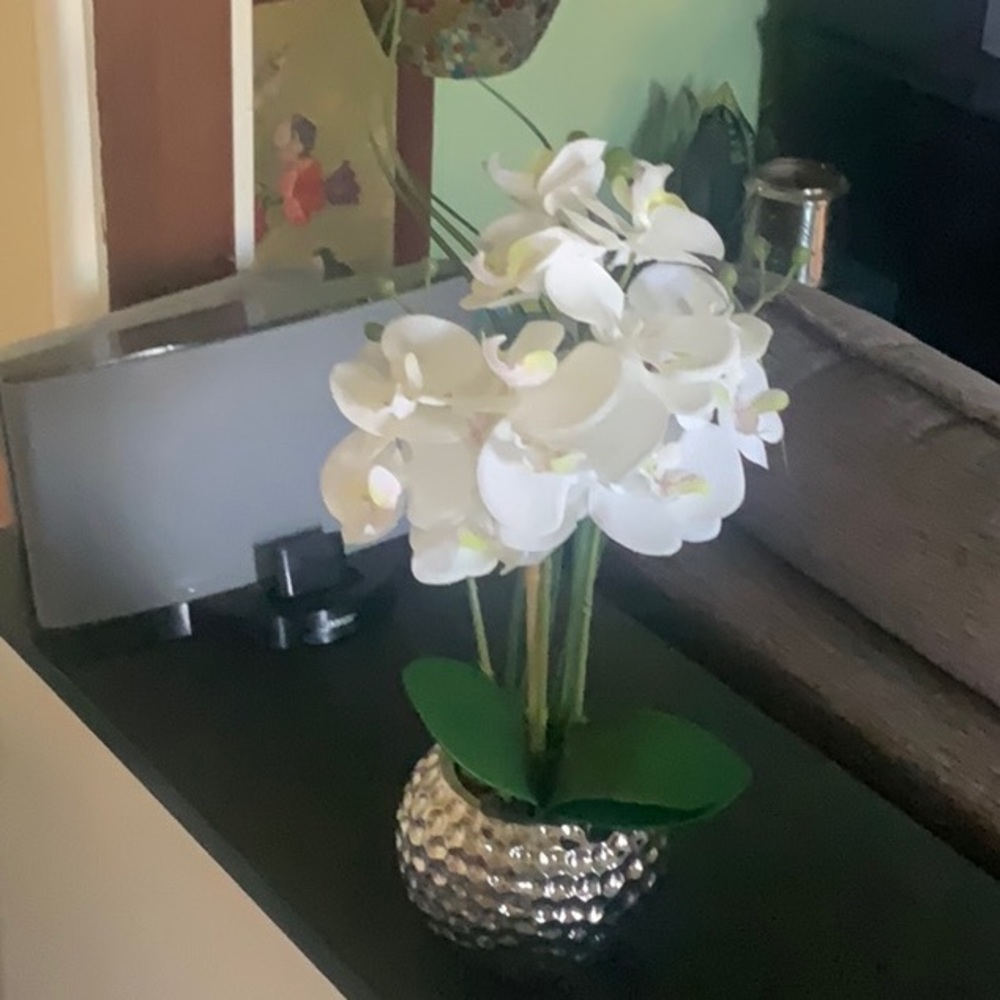 Artificial orchid plant in  a silver pot